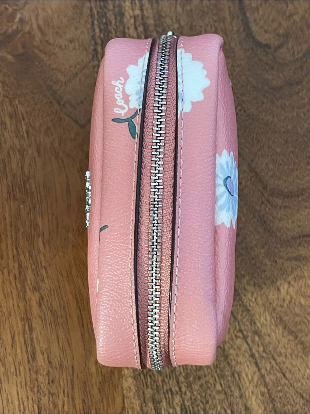 COACH Pink Leather Daisy Print Boxy Small Cosmetic Case C3062